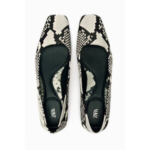 Like New- Zara Animal Print Leather Ballerinas Black and White - 37